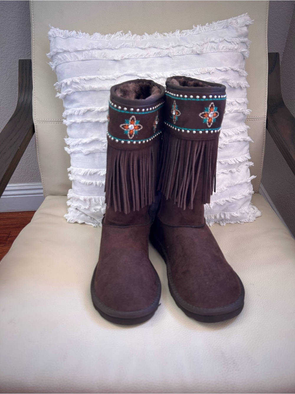 Montana West Brown Suede Fringe Boots with Turquoise and Orange Beadwork